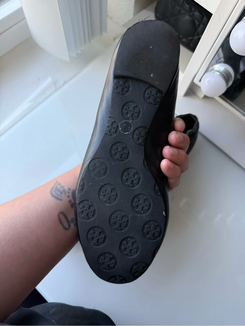 Tory Burch Black Leather Ballet Flats with Gold Logo Medallion